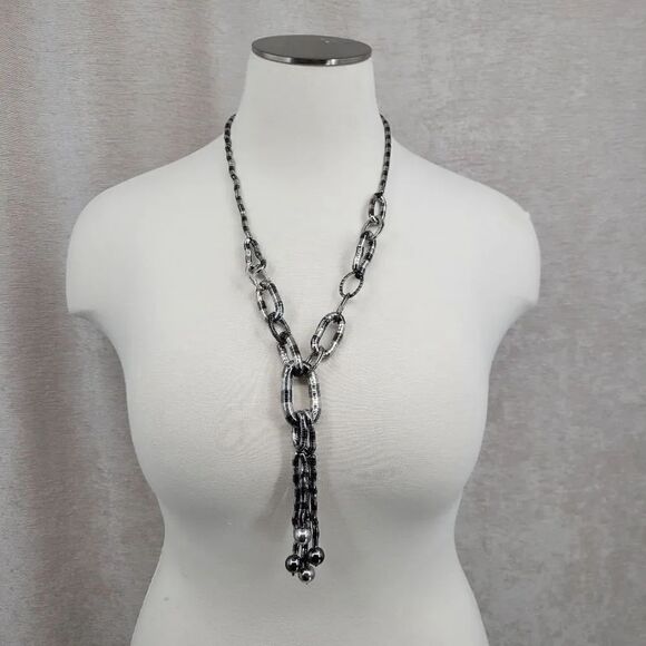 Chico's Jewelry - Chicos Silver Gunmetal Tone Y Drop Ball Tassel Link Articulated Necklace 29-33”